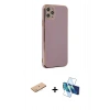 MARSİLYAN™- iPhone 11 Pro Max Kılıf Yankı Serisi - Siyah 3D Antistatik Cam Ekran Koruyucu + Pembe Renkli Kamera Lens Koruma Cam