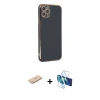 MARSİLYAN™- iPhone 11 Pro Max Kılıf Yankı Serisi - Siyah 3D Antistatik Cam Ekran Koruyucu + Renkli Kamera Lens Koruma Cam - MI