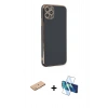MARSİLYAN™- iPhone 11 Pro Max Kılıf Yankı Serisi - Siyah 3D Antistatik Seramik Nano Ekran Koruyucu + Renkli Kamera Lens Koruma Cam - PE
