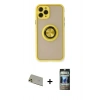 MARSİLYAN™- iPhone 11 Pro Max Kılıf Yörünge Çizgi - Siyah 34D Hayalet Izgaralı Cam + Gold Rainbow Kamera Lens Koruma Cam