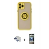 MARSİLYAN™- iPhone 11 Pro Max Kılıf Yörünge Çizgi - Siyah 34D Hayalet Izgaralı Cam + Lacivert Pers Alüminyum Kamera Lens