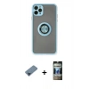 MARSİLYAN™- iPhone 11 Pro Max Kılıf Yörünge Çizgi - Siyah 34D Hayalet Izgaralı Cam + Mavi Metal Kamera Lens Koruma Cam