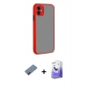 MARSİLYAN™- iPhone 12 Kılıf Ahenk Çizgi Serisi - Siyah Bilvis 5in1 5D Magic Hayalet Cam Ekran Koruyucu + Kırmızı Metal Kamera Lens Koruma Cam
