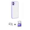 MARSİLYAN™- iPhone 12 Kılıf Ahenk Çizgi Serisi - Siyah Bilvis 5in1 5D Magic Hayalet Cam Ekran Koruyucu + Mor Rainbow Kamera Lens Koruma Cam