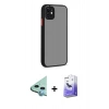 MARSİLYAN™- iPhone 12 Kılıf Ahenk Çizgi Serisi - Siyah Bilvis 5in1 5D Magic Hayalet Cam Ekran Koruyucu + Raze Metal Kamera Lens - MI