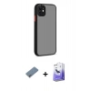 MARSİLYAN™- iPhone 12 Kılıf Ahenk Çizgi Serisi - Siyah Bilvis 5in1 5D Magic Hayalet Cam Ekran Koruyucu + Sierra Blue Shine Kamera Lens Koruma Cam