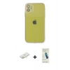 MARSİLYAN™- iPhone 12 Kılıf Ahenk Doku - Şeffaf Pasifik Cam Ekran Koruyucu + Sarı Renkli Kamera Lens Koruma Cam