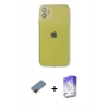 MARSİLYAN™- iPhone 12 Kılıf Ahenk Doku - Siyah Bilvis 5in1 3D Magic Cam Ekran Koruyucu + Kırmızı Metal Kamera Lens Koruma Cam