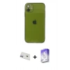 MARSİLYAN™- iPhone 12 Kılıf Ahenk Doku - Siyah Bilvis 5in1 3D Magic Cam Ekran Koruyucu + Rainbow Kamera Lens Koruma Cam - MR