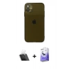 MARSİLYAN™- iPhone 12 Kılıf Ahenk Doku - Siyah Bilvis 5in1 5D Magic Hayalet Cam Ekran Koruyucu + Kamera Lens Koruma Cam - SF