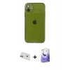 MARSİLYAN™- iPhone 12 Kılıf Ahenk Doku - Siyah Bilvis 5in1 5D Magic Hayalet Cam Ekran Koruyucu + Rainbow Kamera Lens Koruma Cam - MR