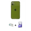 MARSİLYAN™- iPhone 12 Kılıf Ahenk Doku - Siyah Bilvis 5in1 5D Magic Hayalet Cam Ekran Koruyucu + Rainbow Kamera Lens Koruma Cam - YL