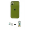 MARSİLYAN™- iPhone 12 Kılıf Ahenk Doku - Siyah Polymer Nano Ekran Koruyucu + Rainbow Kamera Lens Koruma Cam - YL