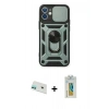 MARSİLYAN™- iPhone 12 Kılıf Ahenk Klasik - Siyah Polymer Nano Ekran Koruyucu + Yeşil Rainbow Kamera Lens Koruma Cam
