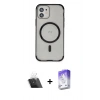MARSİLYAN™- iPhone 12 Kılıf Eksen Klasik Koleksiyonu - Siyah Bilvis 5in1 3D Magic Cam Ekran Koruyucu + Kamera Lens Koruma Cam - SF