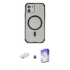 MARSİLYAN™- iPhone 12 Kılıf Eksen Klasik Koleksiyonu - Siyah Bilvis 5in1 3D Magic Cam Ekran Koruyucu + Pembe Renkli Kamera Lens Koruma Cam