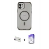 MARSİLYAN™- iPhone 12 Kılıf Eksen Klasik Koleksiyonu - Siyah Bilvis 5in1 3D Magic Cam Ekran Koruyucu + Rainbow Kamera Lens Koruma Cam - MR