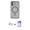 MARSİLYAN™- iPhone 12 Kılıf Eksen Klasik Koleksiyonu - Siyah Bilvis 5in1 3D Magic Cam Ekran Koruyucu + Rainbow Kamera Lens Koruma Cam - YL