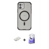 MARSİLYAN™- iPhone 12 Kılıf Eksen Klasik Koleksiyonu - Siyah Bilvis 5in1 5D Magic Hayalet Cam Ekran Koruyucu + Yeşil Renkli Kamera Lens Koruma Cam