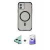 MARSİLYAN™- iPhone 12 Kılıf Eksen Klasik Koleksiyonu - Siyah Bilvis 5in1 5D Magic Hayalet Cam Ekran Koruyucu + Raze Metal Kamera Lens - MI