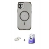 MARSİLYAN™- iPhone 12 Kılıf Eksen Klasik Koleksiyonu - Siyah Bilvis 5in1 5D Magic Hayalet Cam Ekran Koruyucu + Yeşil Renkli Kamera Lens Koruma Cam