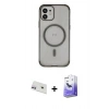 MARSİLYAN™- iPhone 12 Kılıf Eksen Klasik Koleksiyonu - Siyah Bilvis 5in1 5D Magic Hayalet Cam Ekran Koruyucu + Rainbow Kamera Lens Koruma Cam - MR