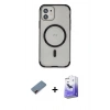 MARSİLYAN™- iPhone 12 Kılıf Eksen Klasik Koleksiyonu - Siyah Bilvis 5in1 5D Magic Hayalet Cam Ekran Koruyucu + Kırmızı Metal Kamera Lens Koruma Cam