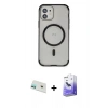 MARSİLYAN™- iPhone 12 Kılıf Eksen Klasik Koleksiyonu - Siyah Bilvis 5in1 5D Magic Hayalet Cam Ekran Koruyucu + Rainbow Kamera Lens Koruma Cam - YL