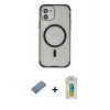 MARSİLYAN™- iPhone 12 Kılıf Eksen Klasik Koleksiyonu - Siyah Polymer Nano Ekran Koruyucu + Gümüş Shine Kamera Lens Koruma Cam