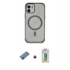MARSİLYAN™- iPhone 12 Kılıf Eksen Klasik Koleksiyonu - Siyah Polymer Nano Ekran Koruyucu + Metal Kamera Lens Koruma Cam - MI