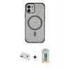 MARSİLYAN™- iPhone 12 Kılıf Eksen Klasik Koleksiyonu - Siyah Polymer Nano Ekran Koruyucu + Rainbow Kamera Lens Koruma Cam - MR