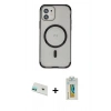 MARSİLYAN™- iPhone 12 Kılıf Eksen Klasik Koleksiyonu - Siyah Polymer Nano Ekran Koruyucu + Rainbow Kamera Lens Koruma Cam - YL