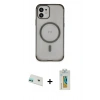 MARSİLYAN™- iPhone 12 Kılıf Eksen Klasik Koleksiyonu - Siyah Polymer Nano Ekran Koruyucu + Yeşil Rainbow Kamera Lens Koruma Cam