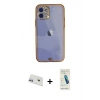 MARSİLYAN™- iPhone 12 Kılıf Eksen Minimal Koleksiyonu - Şeffaf Pasifik Cam Ekran Koruyucu + Rainbow Kamera Lens Koruma Cam - MR