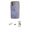 MARSİLYAN™- iPhone 12 Kılıf Eksen Minimal Koleksiyonu - Şeffaf Pasifik Cam Ekran Koruyucu + Pembe Renkli Kamera Lens Koruma Cam