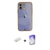 MARSİLYAN™- iPhone 12 Kılıf Eksen Minimal Koleksiyonu - Siyah Bilvis 5in1 3D Magic Cam Ekran Koruyucu + Turuncu Renkli Kamera Lens Koruma Cam