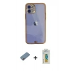 MARSİLYAN™- iPhone 12 Kılıf Eksen Minimal Koleksiyonu - Siyah Polymer Nano Ekran Koruyucu + Pembe Shine Kamera Lens Koruma Cam