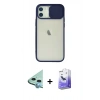 MARSİLYAN™- iPhone 12 Kılıf Vadi Çizgi - Siyah Bilvis 5in1 5D Magic Hayalet Cam Ekran Koruyucu + Mavi Raze Metal Kamera Lens