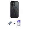 MARSİLYAN™- iPhone 12 Kılıf Yadigar Klasik Özel Seri - Siyah Bilvis 5in1 3D Magic Cam Ekran Koruyucu + Mavi Metal Kamera Lens Koruma Cam