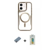 MARSİLYAN™- iPhone 12 Kılıf Yadigar Klasik Özel Seri - Siyah Polymer Nano Ekran Koruyucu + Pembe Shine Kamera Lens Koruma Cam