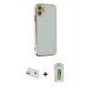 MARSİLYAN™- iPhone 12 Kılıf Yankı Serisi - Siyah Polymer Nano Ekran Koruyucu + Mor Rainbow Kamera Lens Koruma Cam