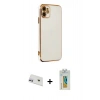 MARSİLYAN™- iPhone 12 Kılıf Yankı Serisi - Siyah Polymer Nano Ekran Koruyucu + Mor Rainbow Kamera Lens Koruma Cam