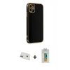 MARSİLYAN™- iPhone 12 Kılıf Yankı Serisi - Siyah Polymer Nano Ekran Koruyucu + Mor Rainbow Kamera Lens Koruma Cam