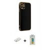 MARSİLYAN™- iPhone 12 Kılıf Yankı Serisi - Siyah Polymer Nano Ekran Koruyucu + Renkli Kamera Lens Koruma Cam - PE