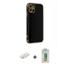 MARSİLYAN™- iPhone 12 Kılıf Yankı Serisi - Siyah Polymer Nano Ekran Koruyucu + Sarı Renkli Kamera Lens Koruma Cam