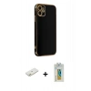 MARSİLYAN™- iPhone 12 Kılıf Yankı Serisi - Siyah Polymer Nano Ekran Koruyucu + Turuncu Renkli Kamera Lens Koruma Cam