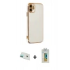 MARSİLYAN™- iPhone 12 Kılıf Yankı Serisi - Siyah Polymer Nano Ekran Koruyucu + Yeşil Rainbow Kamera Lens Koruma Cam