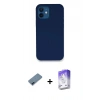 MARSİLYAN™- iPhone 12 Kılıf Zirve Modern Özel Seri - Siyah Bilvis 5in1 3D Magic Cam Ekran Koruyucu + Mavi Metal Kamera Lens Koruma Cam