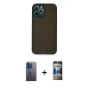 MARSİLYAN™- iPhone 12 Pro Kılıf Ahenk Çizgi Serisi - Siyah 34D Hayalet Izgaralı Cam + Neon Fosforlu Kamera Lens - MI