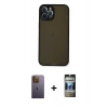 MARSİLYAN™- iPhone 12 Pro Kılıf Ahenk Çizgi Serisi - Siyah 34D Hayalet Izgaralı Cam + Neon Fosforlu Kamera Lens - SI
